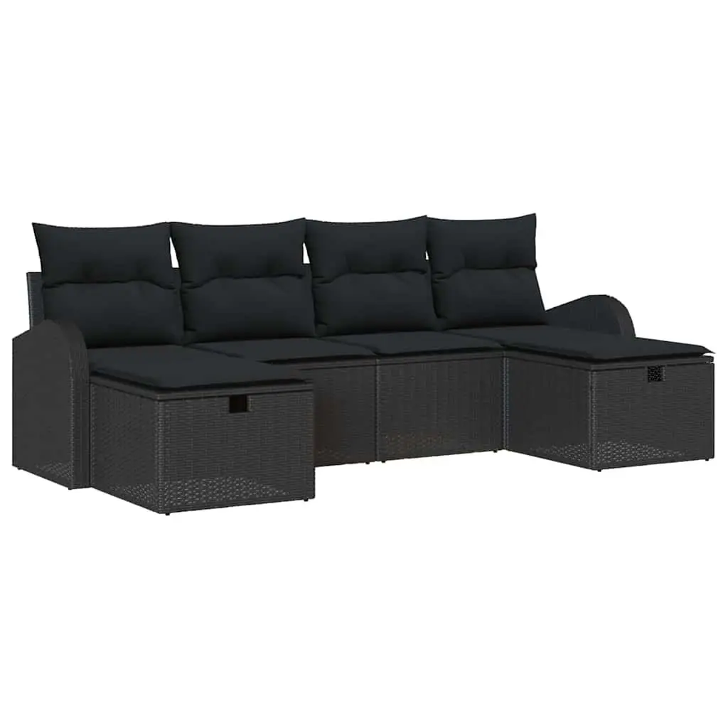 Modular Garden Sofa Set 6 Piece Outdoor Lounge Black Poly Rattan with Cushions