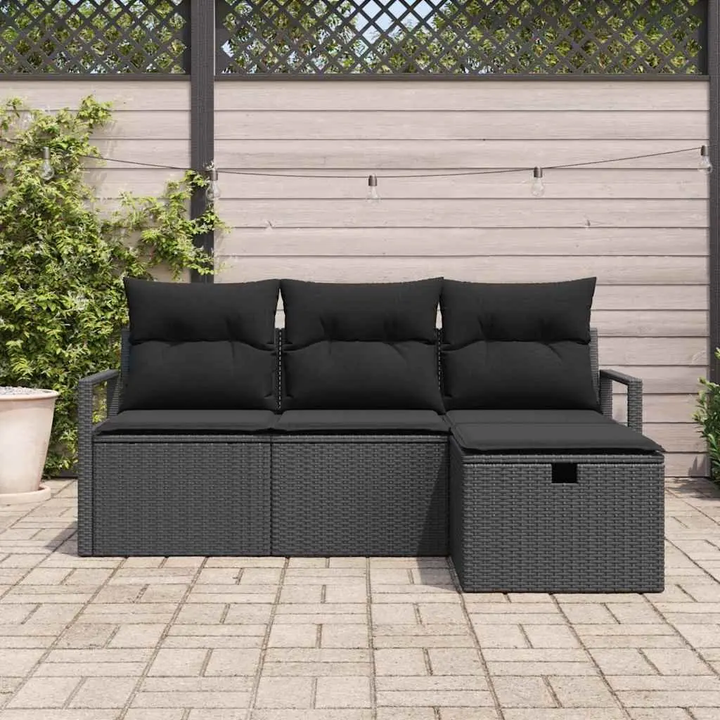 Garden Sofa Set Modular Outdoor Furniture Black Poly Rattan Steel Frame 4 Piece
