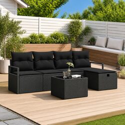 Outdoor Garden Sofa Set 6 Piece Modular Black Poly Rattan Lounge with Cushions
