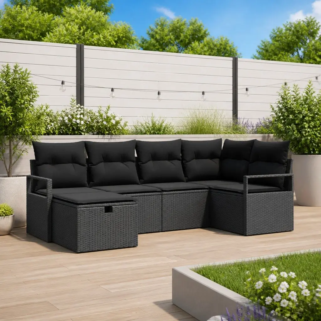 Modular Garden Sofa Set 6 Pieces Outdoor Use Black Poly Rattan with Removable Cushions
