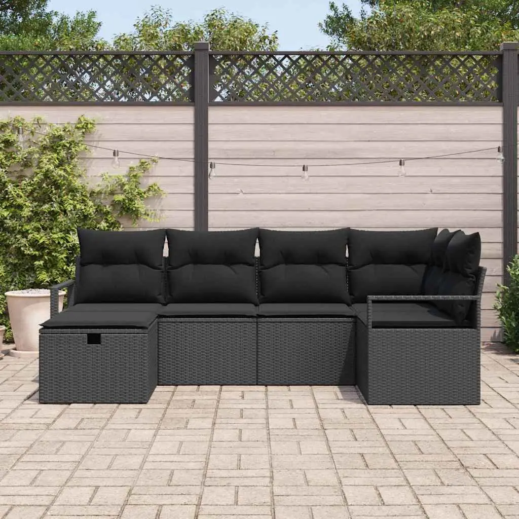 Modular Garden Sofa Set 6 Pieces Outdoor Use Black Poly Rattan with Removable Cushions
