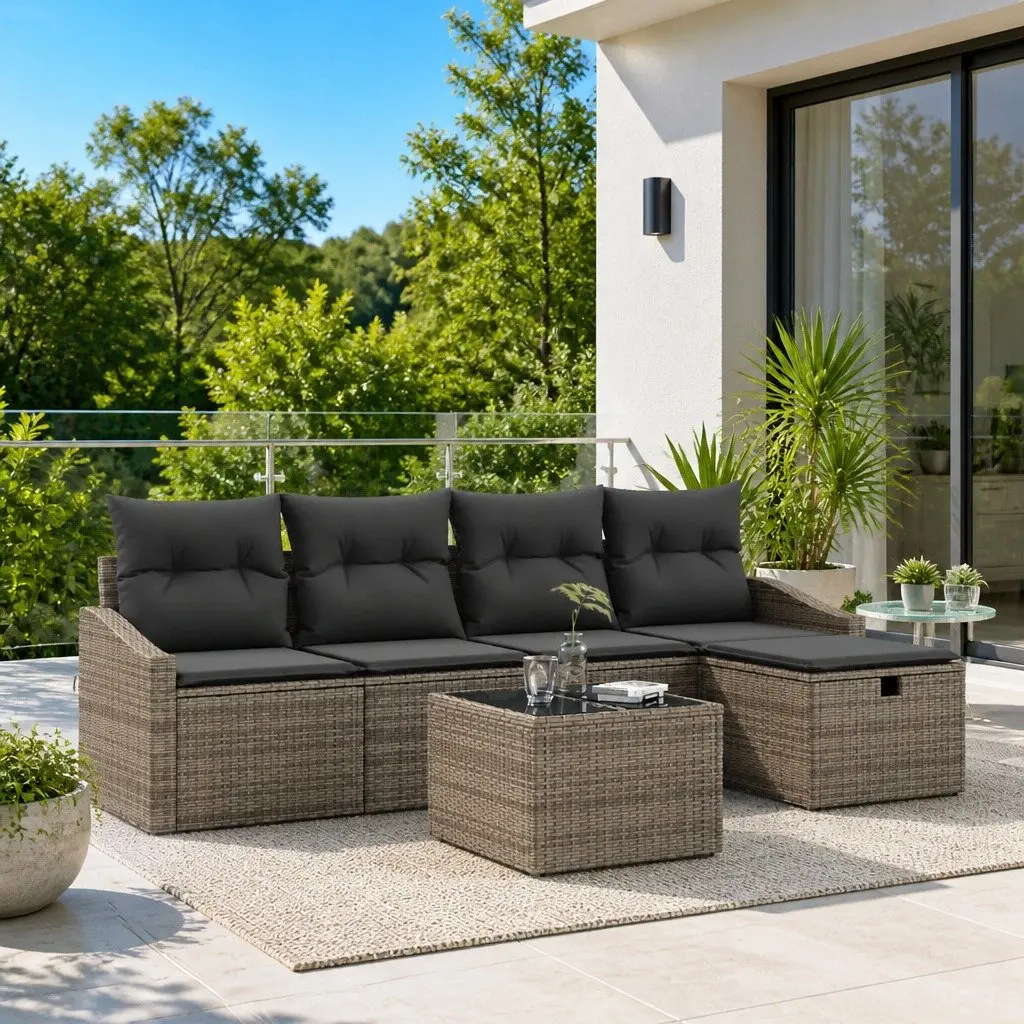 Outdoor Sofa Set Modular Grey 5 Piece Poly Rattan Garden Patio Seating