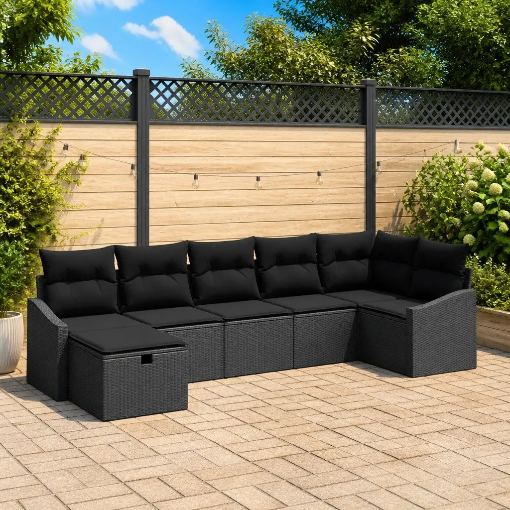 Outdoor Sofa Set 7 Piece Poly Rattan Garden Furniture Black with Cushions