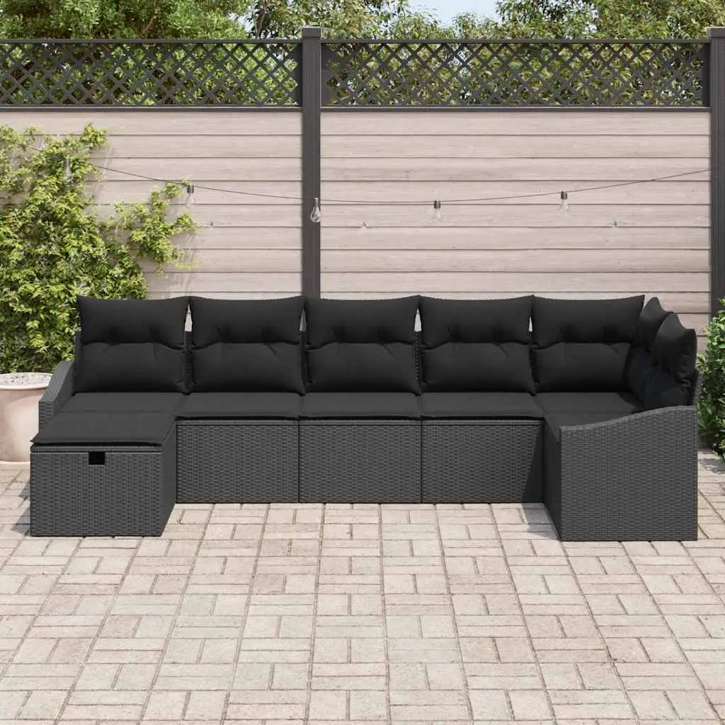 Outdoor Sofa Set 7 Piece Poly Rattan Garden Furniture Black with Cushions