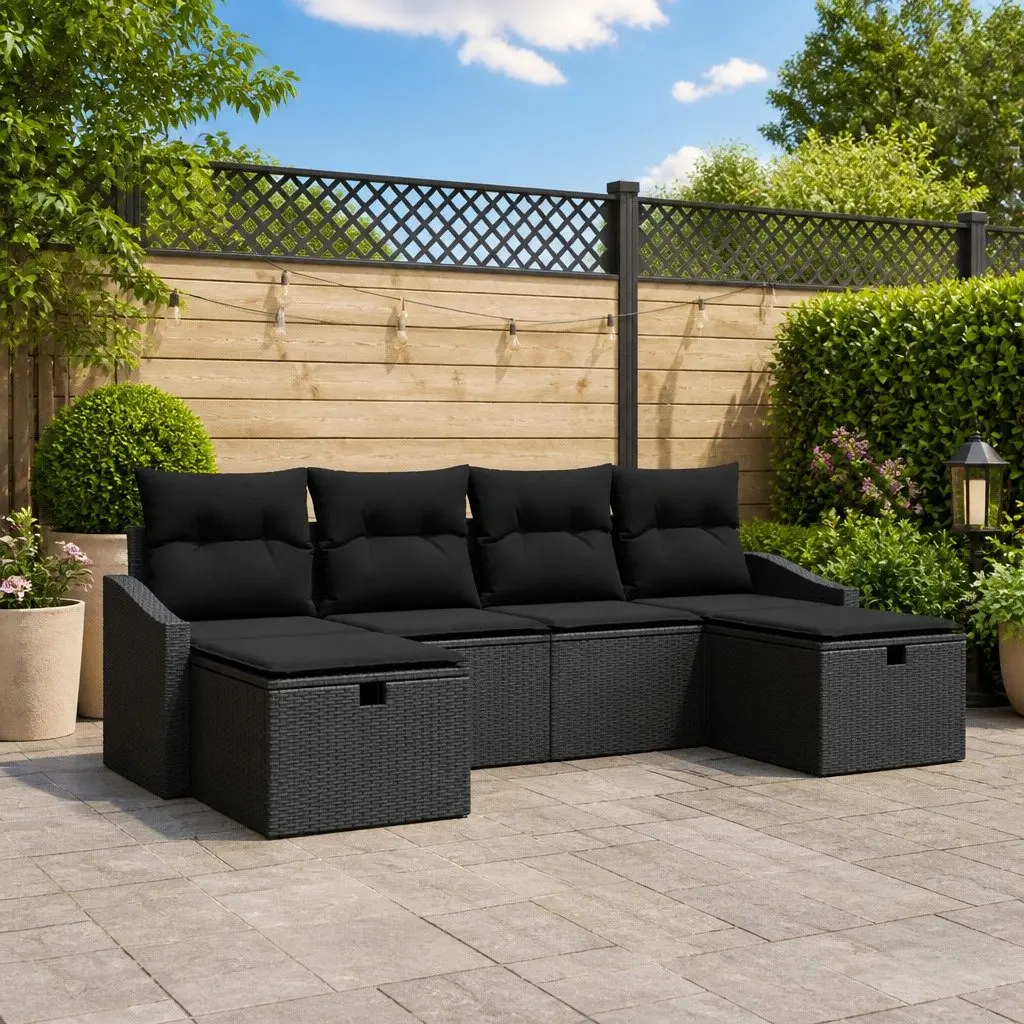 Outdoor Sofa Set Modular Garden Seating 6 Piece Poly Rattan with Cushions Black