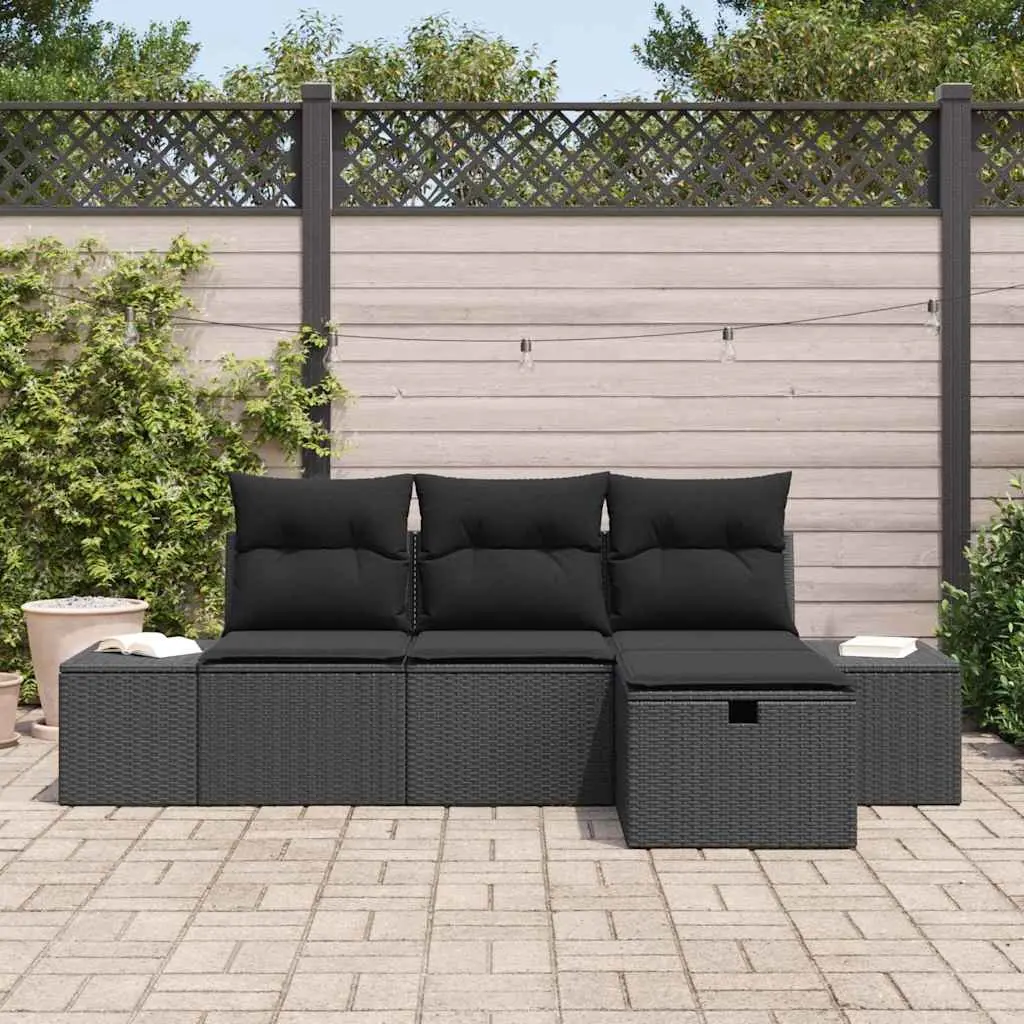 Outdoor Sofa Set Modular Garden Lounge Furniture 4 Piece Black Poly Rattan with Cushions