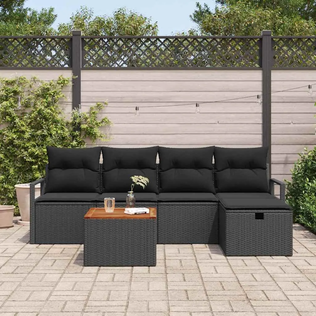 Outdoor Garden Sofa Set 6 Pieces Black Poly Rattan Patio Furniture with Cushions