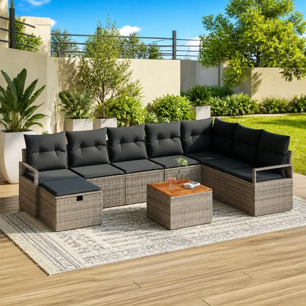Outdoor Garden Sofa Set 9 Piece Grey Poly Rattan Cushions Patio Furniture