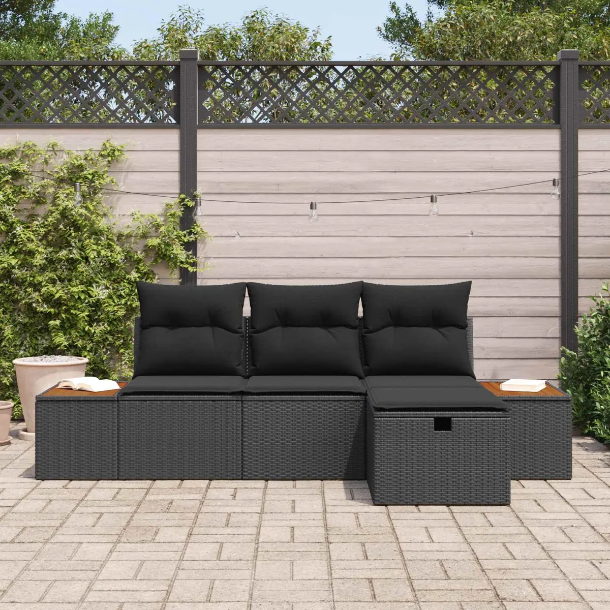 Modular Outdoor Garden Sofa Set 4 pcs Black Poly Rattan Lounge Furniture