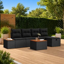 Outdoor Garden Sofa Set 6 Piece Modular Black Poly Rattan Patio Seating with