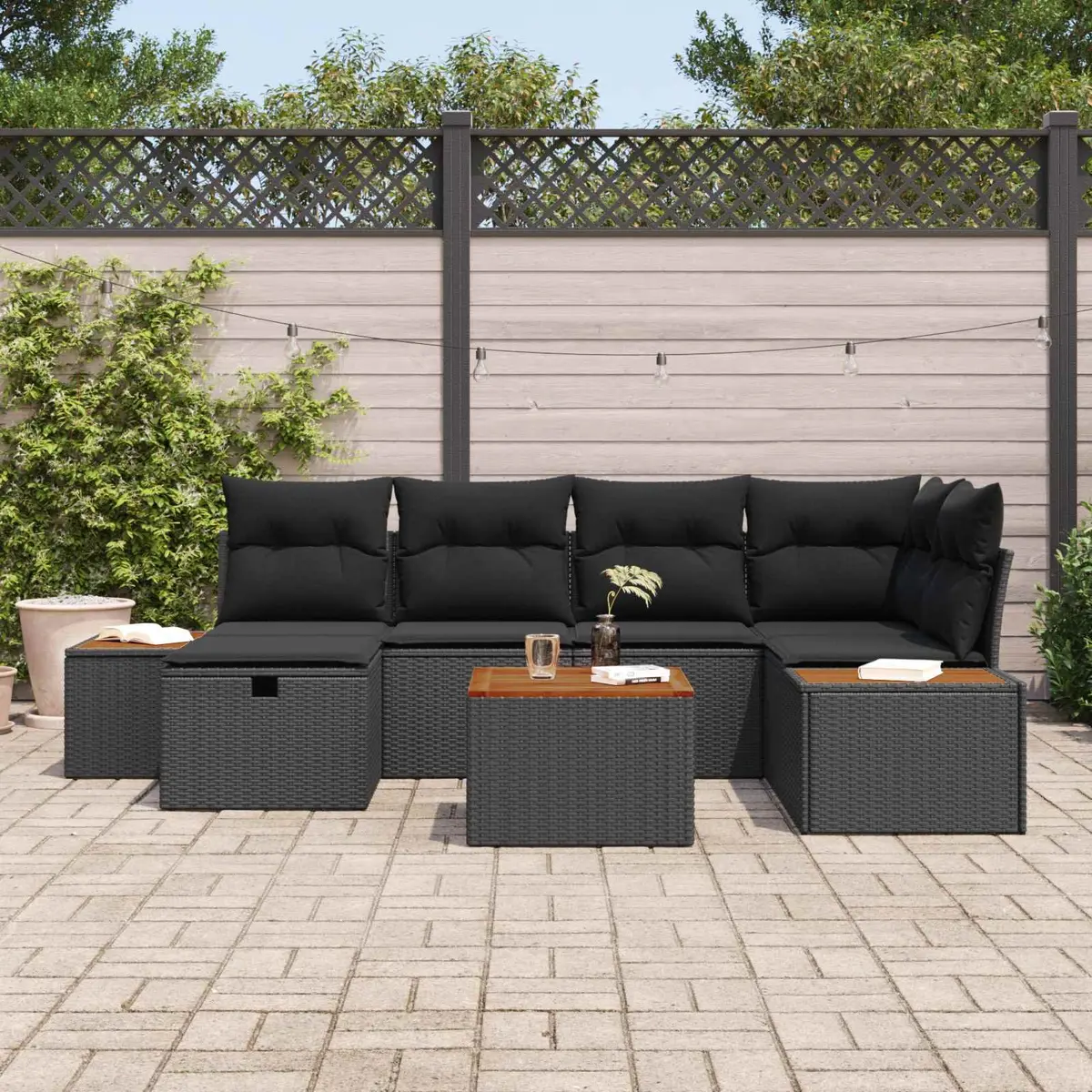 Modular Garden Sofa Set 7 Pieces Black Outdoor Seating Furniture Poly Rattan