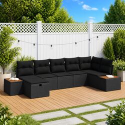Outdoor Garden Sofa Set 7pcs Black Poly Rattan Modular Seating with Cushions