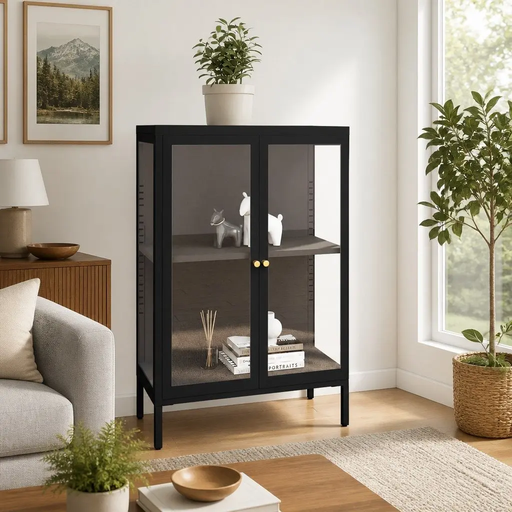 Sideboard Storage Cabinet Glass Door Adjustable Shelving Unit Black 75W x 35D x 105H cm