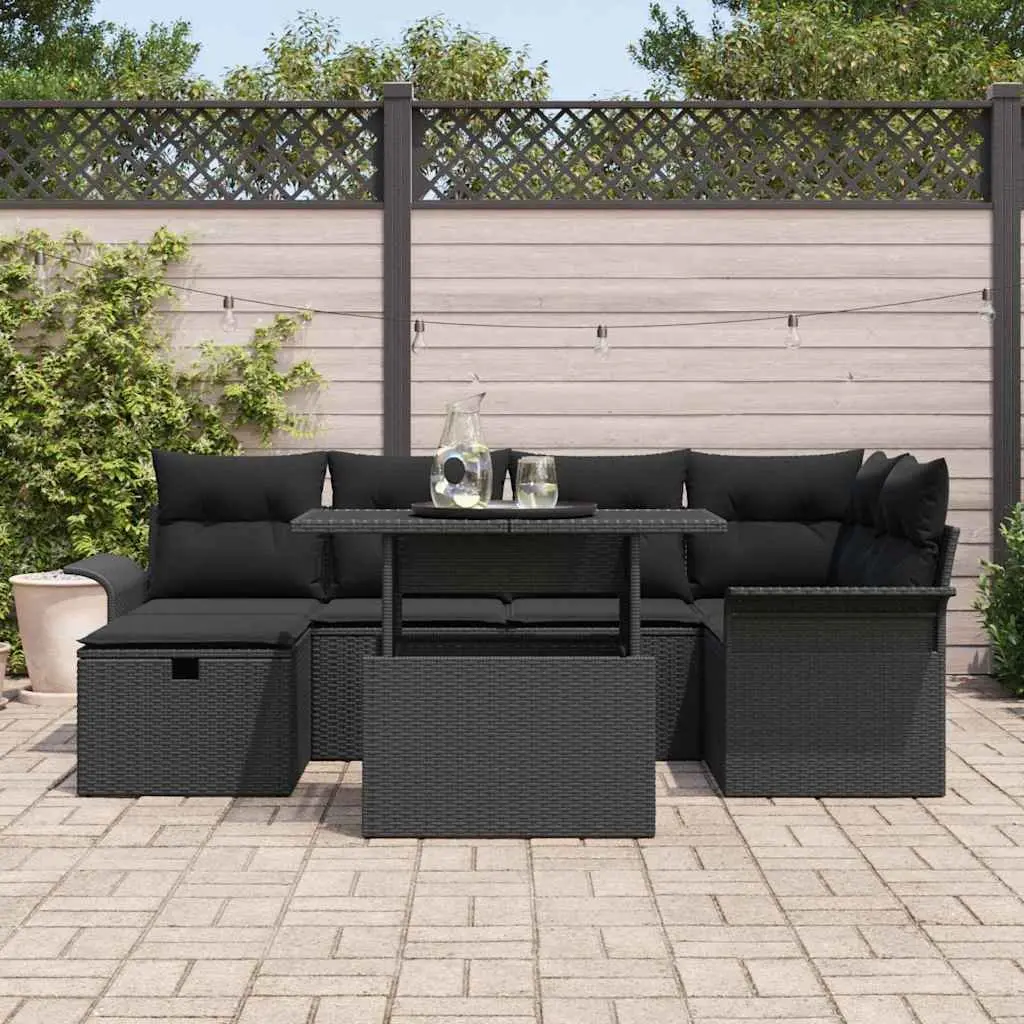 Modular Garden Sofa Set 7 Pieces Black Poly Rattan Outdoor Furniture with Table