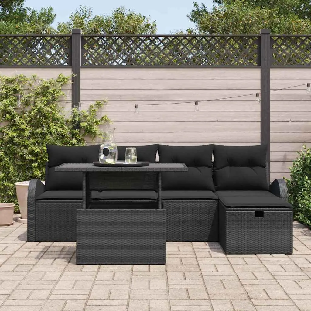 Modular Garden Sofa Set Outdoor Furniture 6 Piece Black Poly Rattan with Cushions