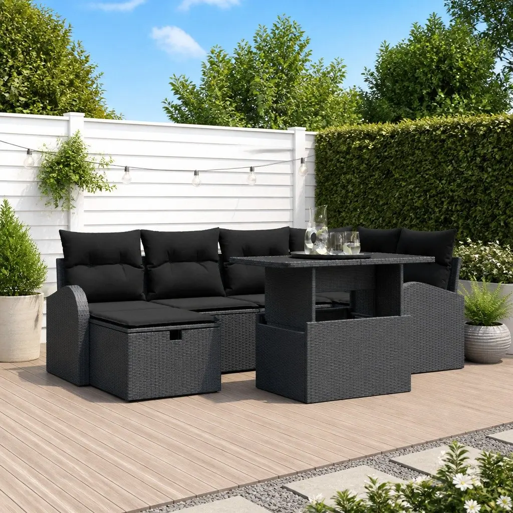 Modular Outdoor Furniture 7 Piece Black Poly Rattan Garden Sofa Set with Adjustable Table and Integrated Storage