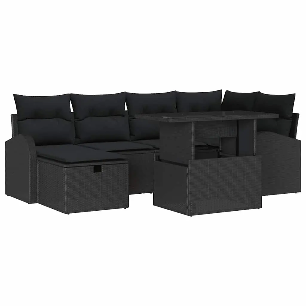 Modular Outdoor Furniture 7 Piece Black Poly Rattan Garden Sofa Set with Adjustable Table and Integrated Storage
