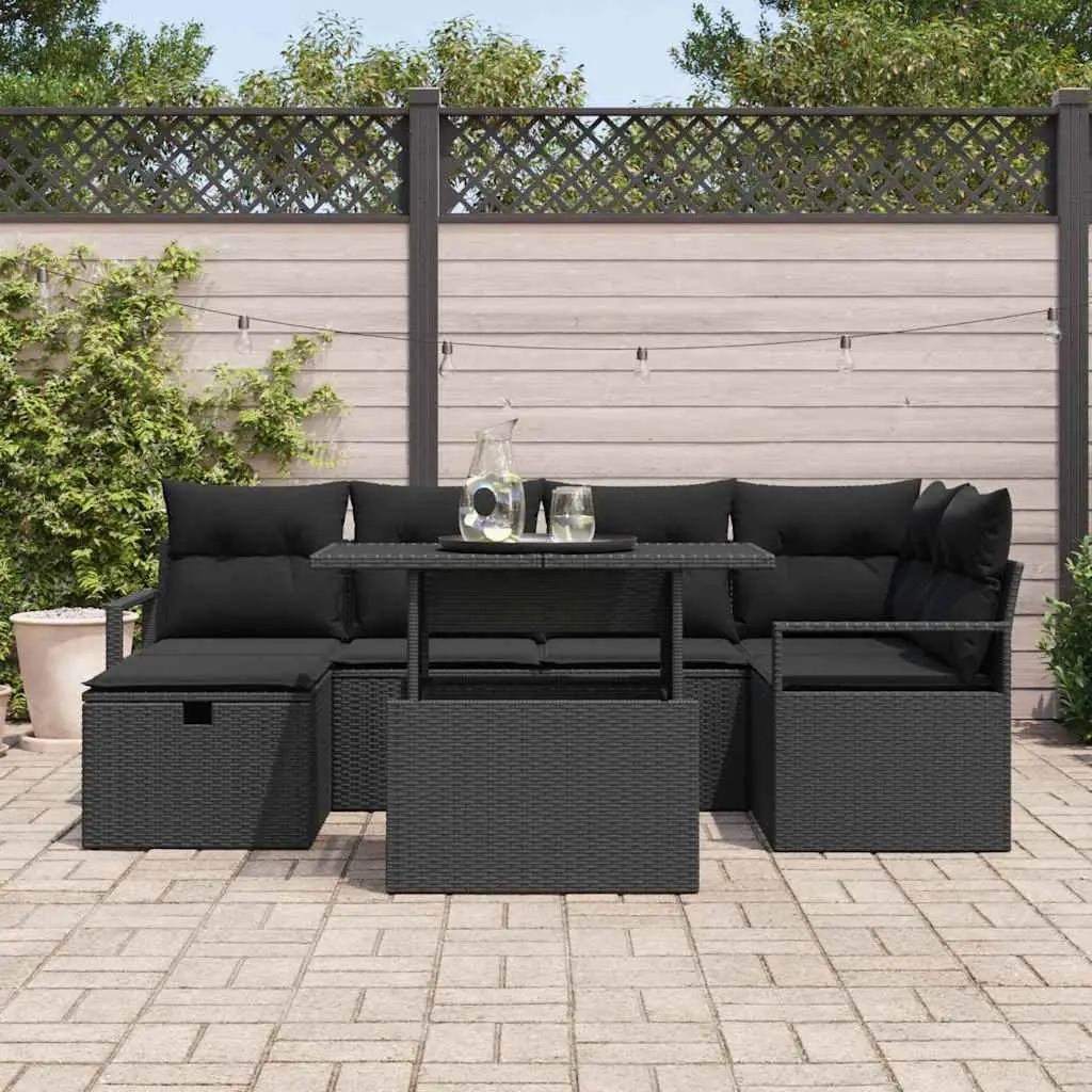 Modular Garden Sofa Set 7 Piece Outdoor Furniture Black Poly Rattan