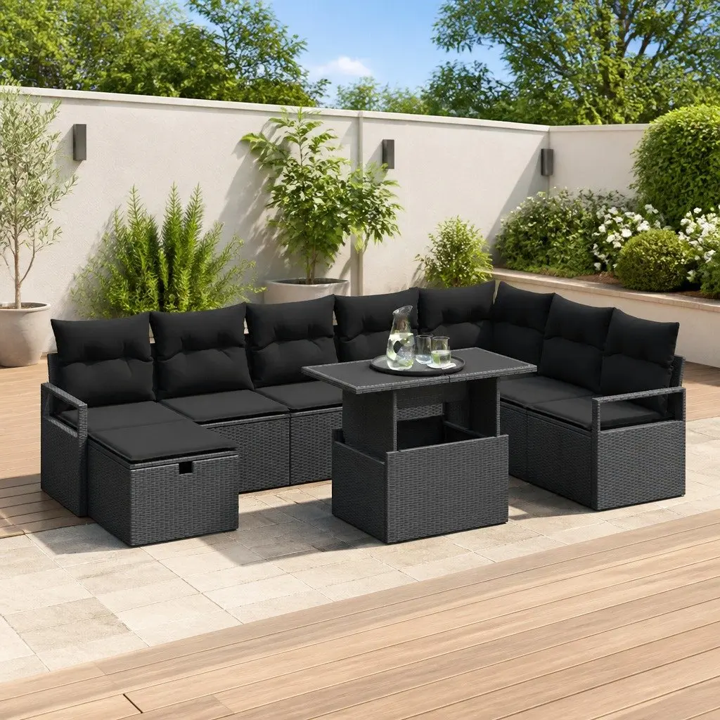 Outdoor Garden Sofa Set 9 pcs Modular Poly Rattan Black Patio Furniture