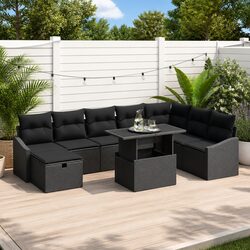 Modular Garden Sofa Set Height-Adjustable Table 9 Pieces Black Poly Rattan