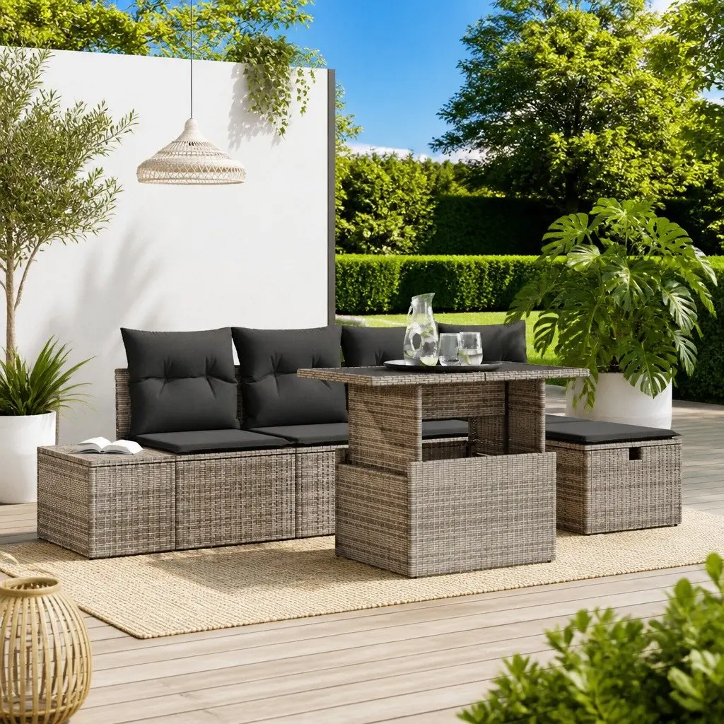 Modular Garden Sofa Set Height-Adjustable 6 Piece Outdoor Furniture Grey Poly