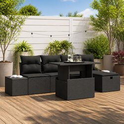 Outdoor Garden Sofa Set 6 Piece Modular Height-Adjustable Black Poly Rattan