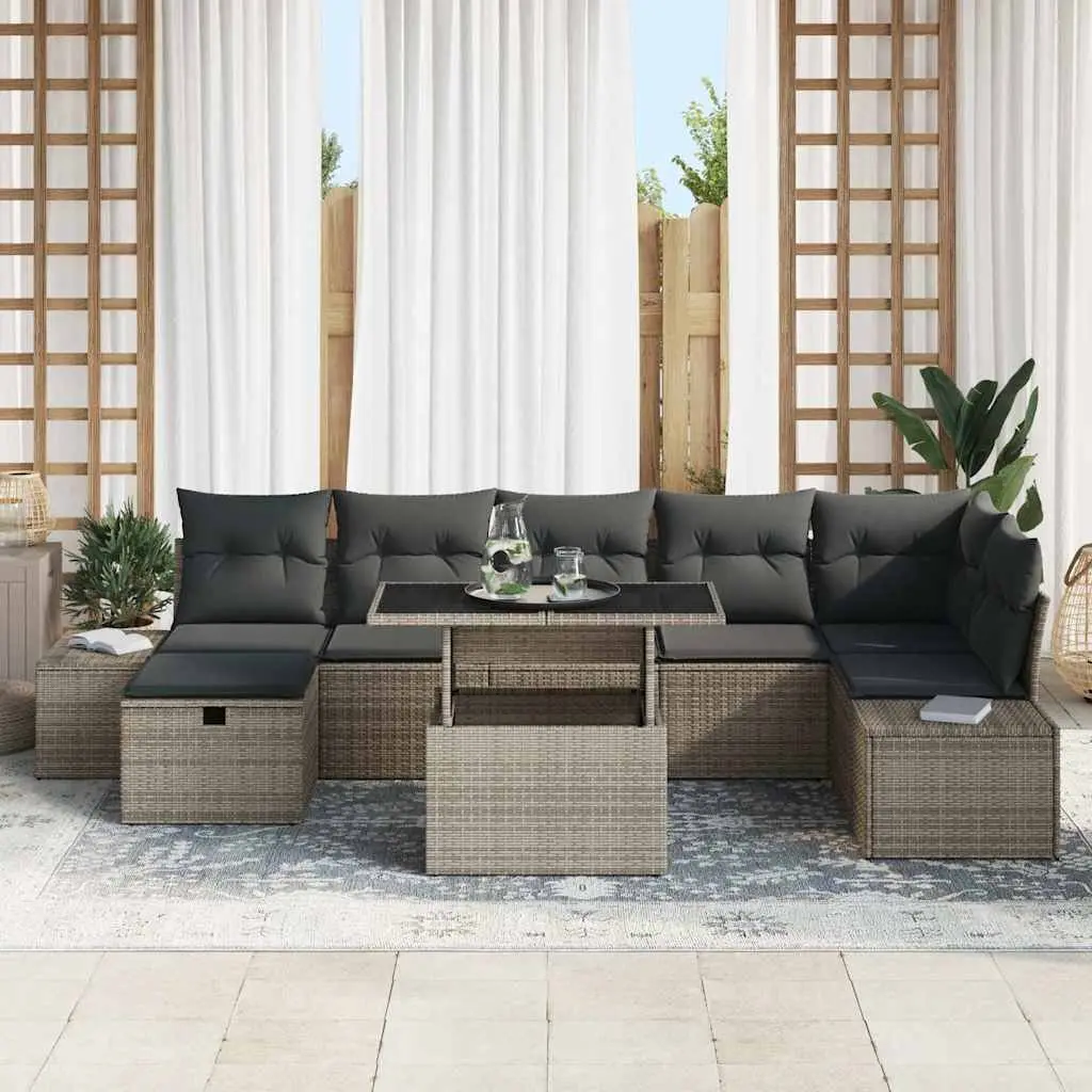 Outdoor Sofa Set Modular 8 Piece Grey Poly Rattan Height Adjustable for Garden Patio Terrace