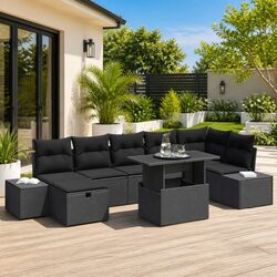Outdoor Garden Sofa Set 8 Seater Modular Black Poly Rattan Furniture with Table