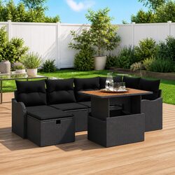 Outdoor Garden Sofa Set 7-Piece Height-Adjustable Black Poly Rattan Patio