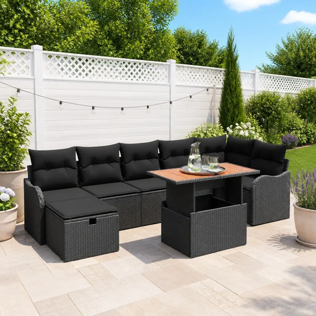 Modular 8 Piece Garden Sofa Set Black Poly Rattan Outdoor Furniture with Storage