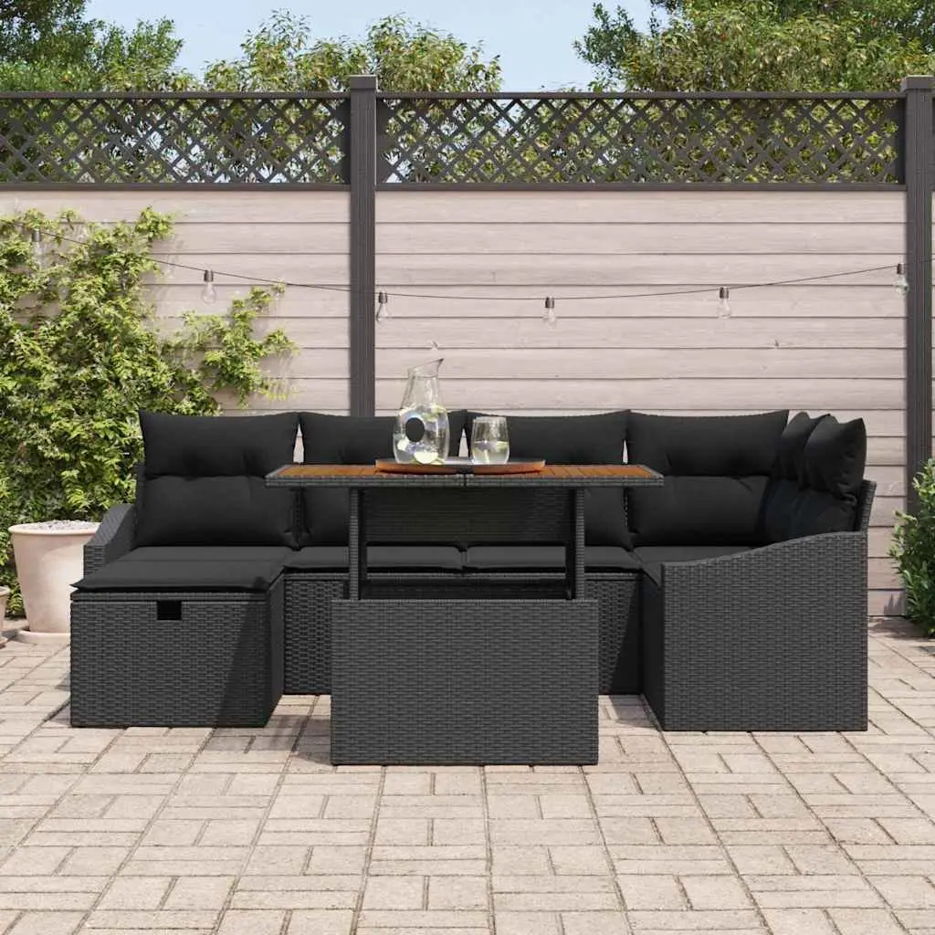 Garden Sofa Set 7 Piece Height Adjustable Black Poly Rattan Modular Outdoor