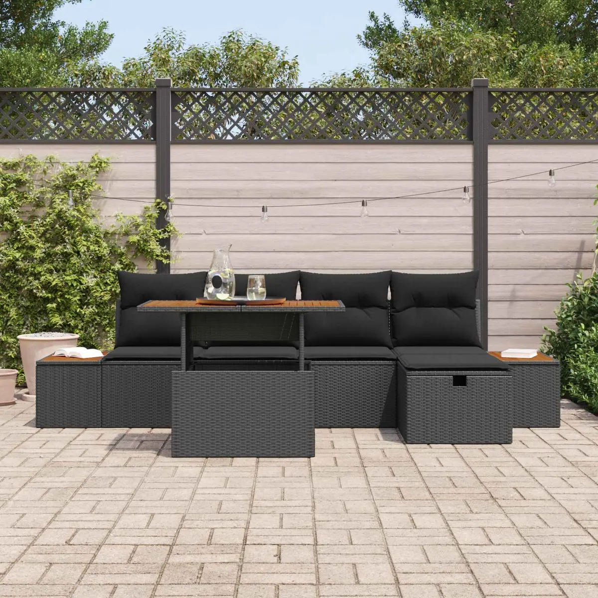 Garden Sofa Set Height-Adjustable Modular Outdoor Furniture 6 Piece Black Rattan