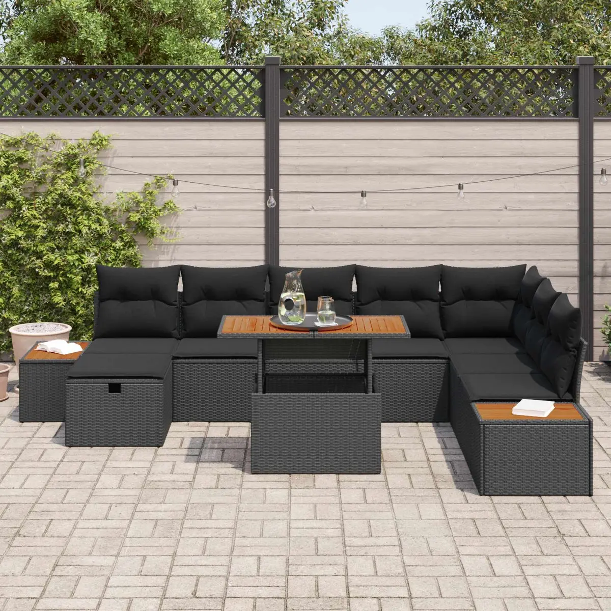 Outdoor Garden Sofa Set Modular 9pc Black Poly Rattan Lounge with Storage