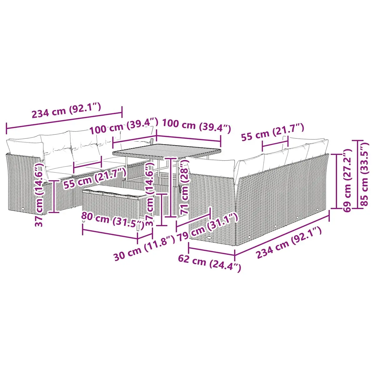 Outdoor Garden Sofa Set Modular 11 Pieces Black Poly Rattan