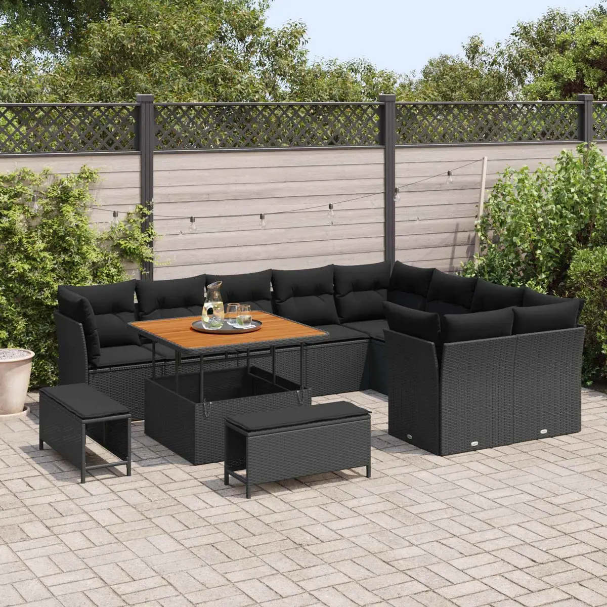 Modular 12 Piece Outdoor Sofa Set Height Adjustable Black Poly Rattan Garden Furniture