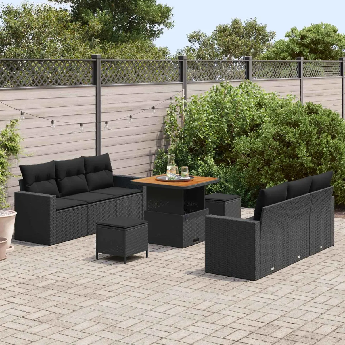 Outdoor Sofa Set Modular Black Poly Rattan Height Adjustable 9 Pieces for Garden Patio Balcony