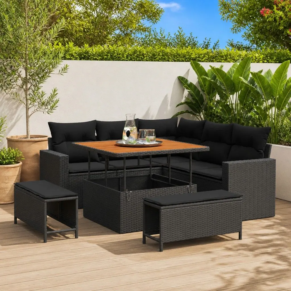 Modular Outdoor Furniture Garden Sofa Set 8 Pieces Black Rattan Sectional