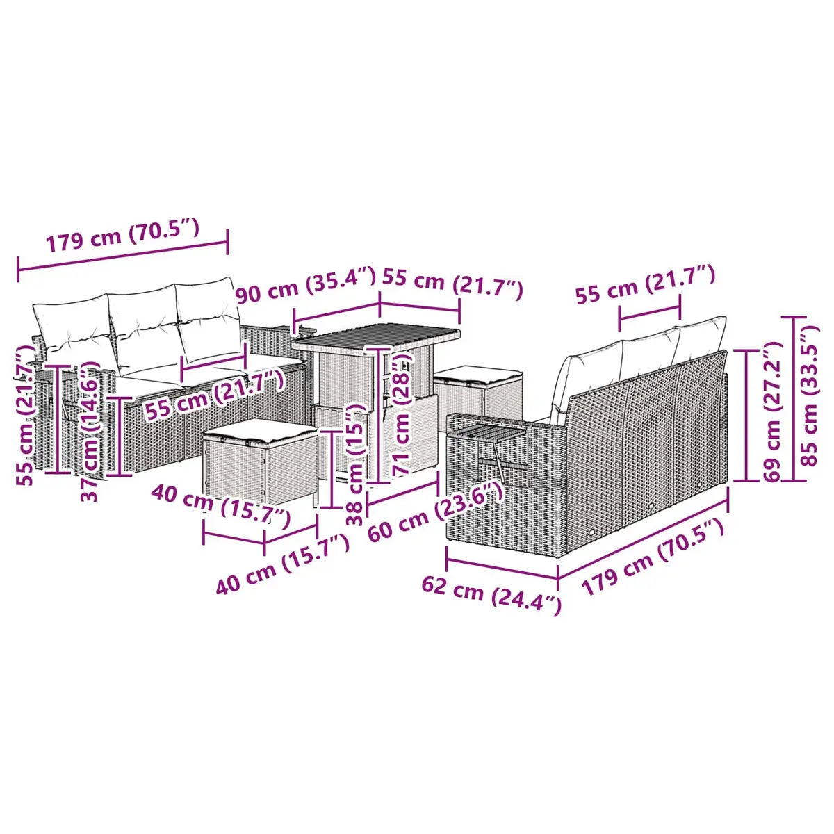 Garden Sofa Set Modular Outdoor Furniture Black Poly Rattan