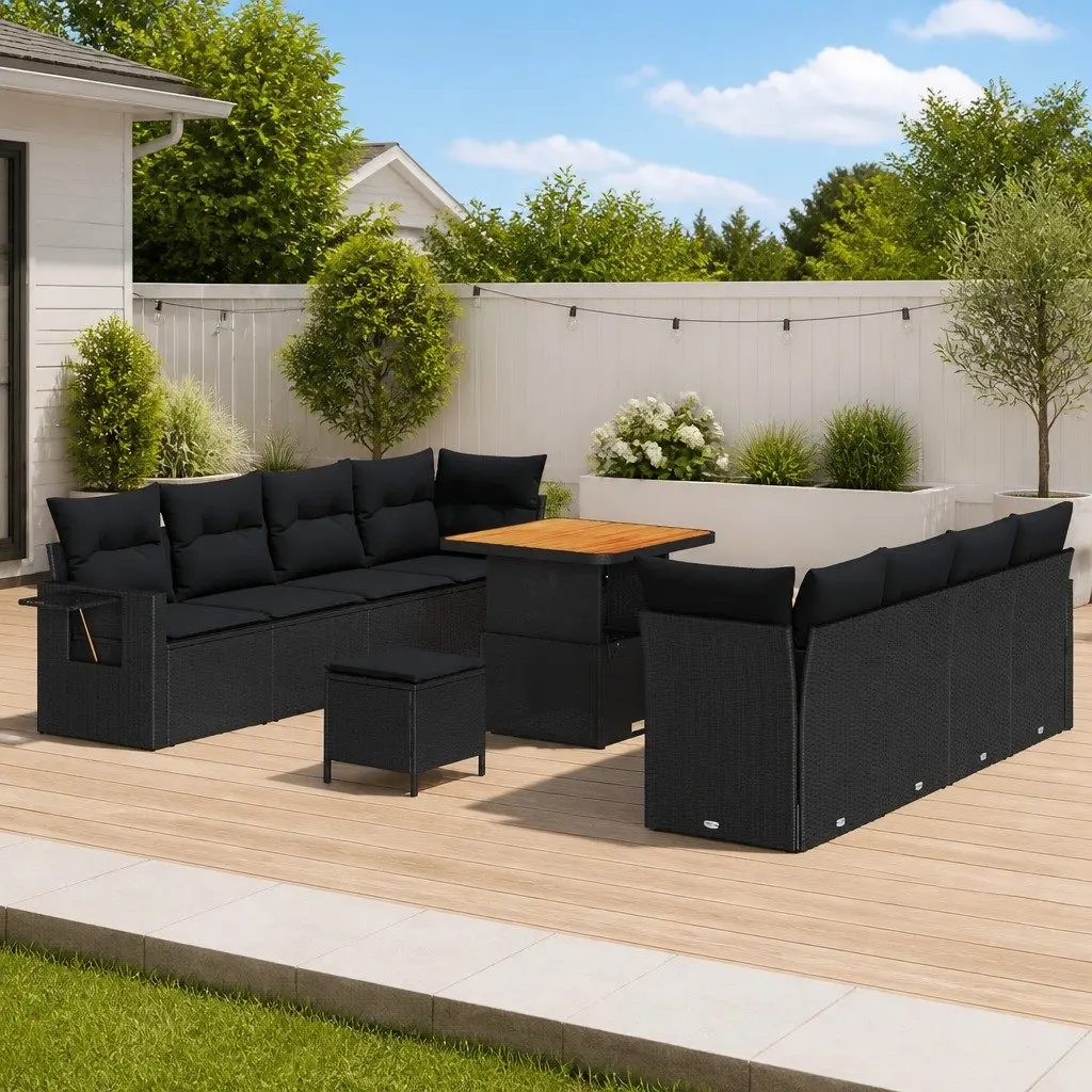 Garden Sofa Set Modular Outdoor Furniture 11 Pieces Black Poly Rattan