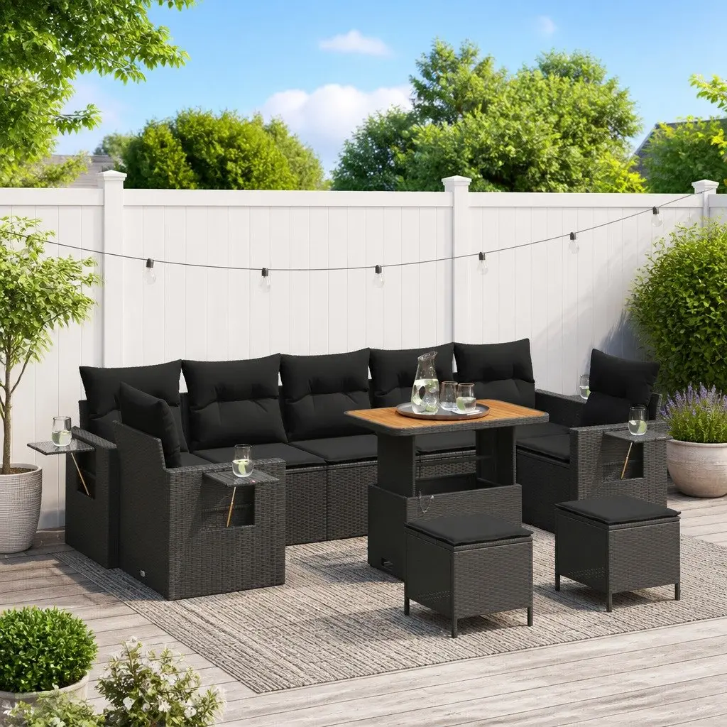 Height Adjustable Table Modular Sofa Set 10 Pieces Black Poly Rattan Outdoor Living Furniture