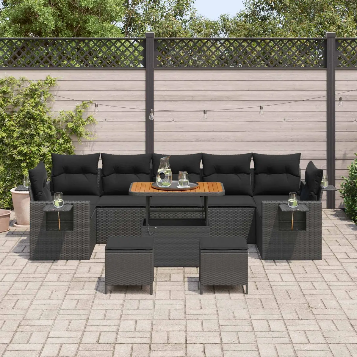 Height Adjustable Table Modular Sofa Set 10 Pieces Black Poly Rattan Outdoor Living Furniture