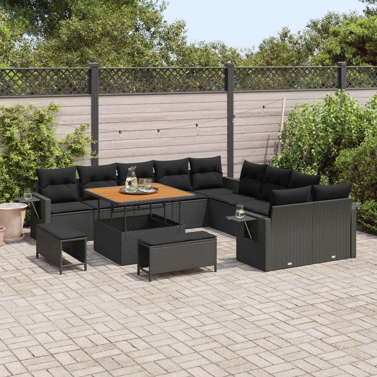 Garden Sofa Set Modular Outdoor Furniture Height-Adjustable 13 Piece Black Poly