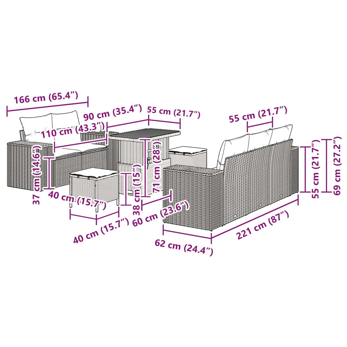 Garden Sofa Set Height-Adjustable 8 Pieces Black Outdoor Patio Furniture Modular