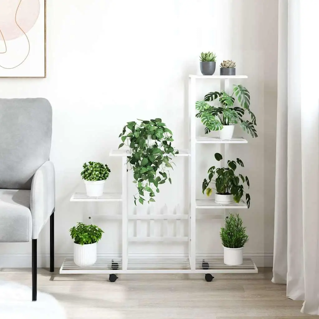 Metal Plant Stand with Wheels for Displaying Plants and Decor White 94.5 x 25 x 92.5 cm