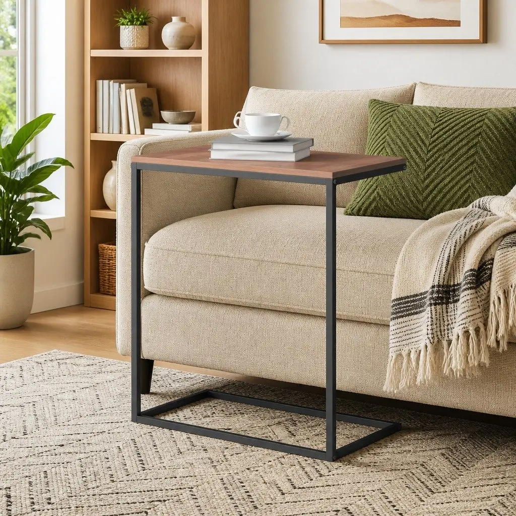 C-Shaped Side Table Black Engineered Wood Living Room Accent Furniture