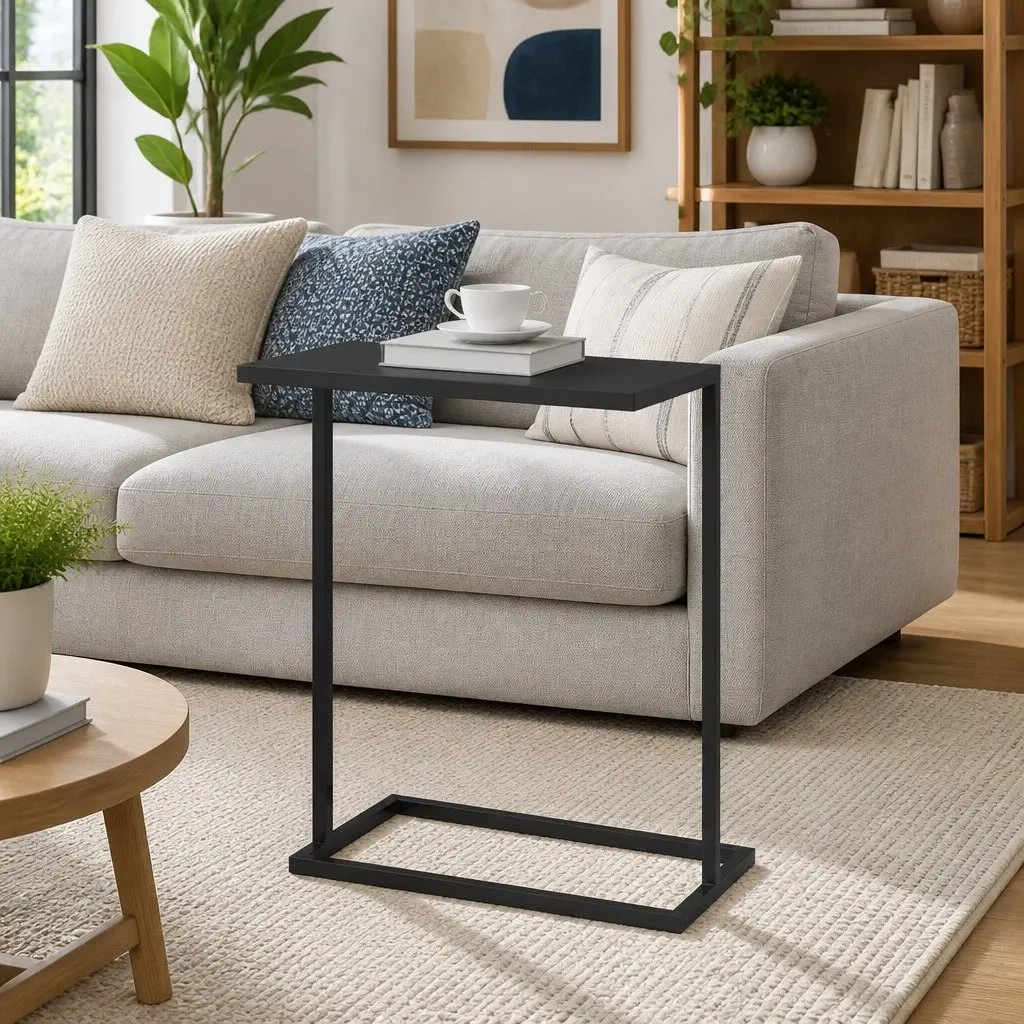 C-Shaped Side Table Black Accent Furniture Engineered Wood Living Room Couch