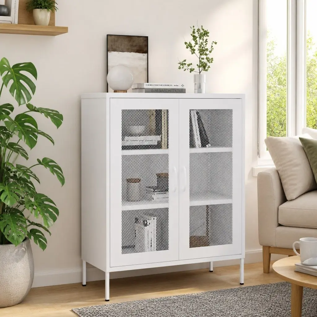 Storage Cabinet Adjustable Shelves 80W x 35D x 101.5H cm White Steel Frame 2 Mesh Doors