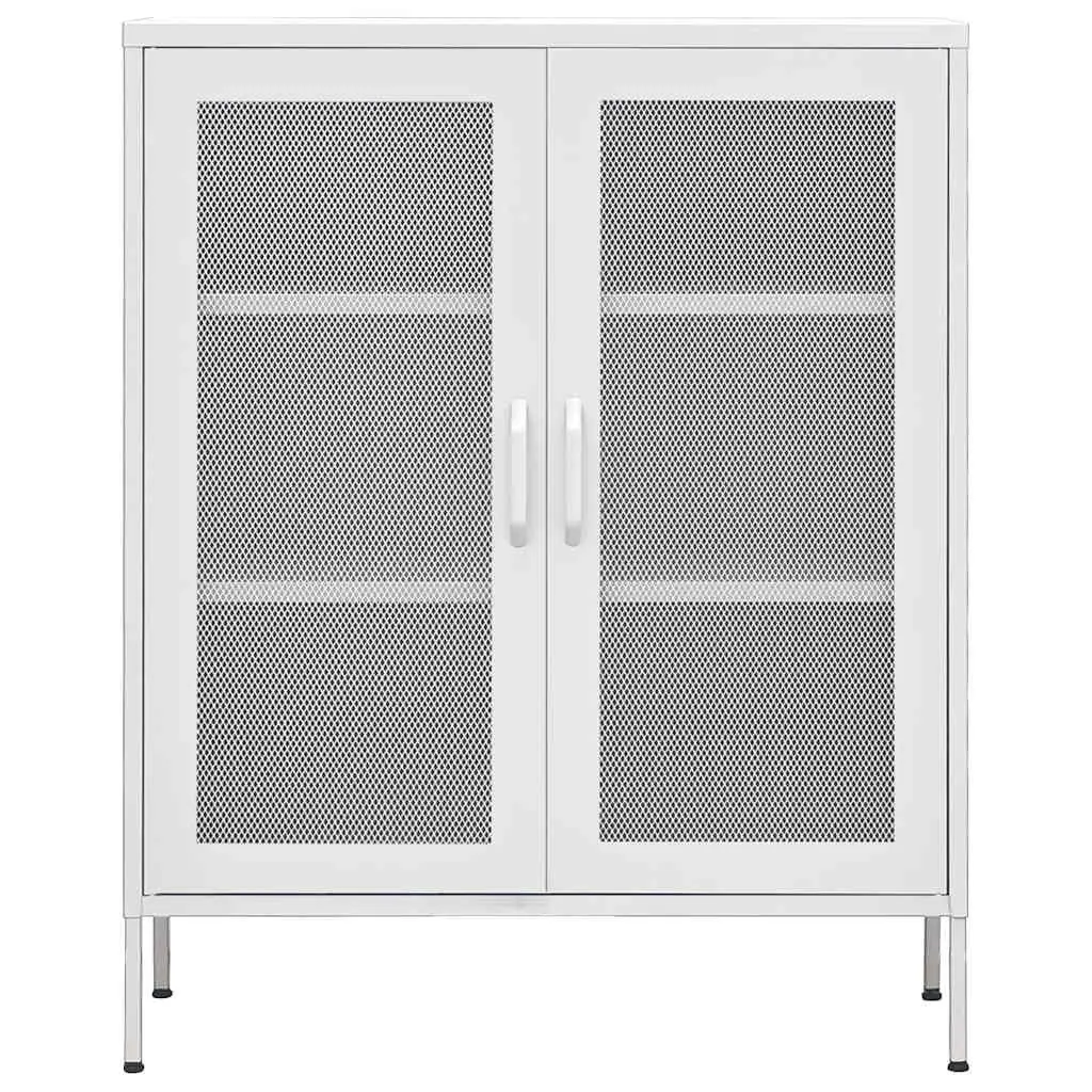 Storage Cabinet Adjustable Shelves 80W x 35D x 101.5H cm White Steel Frame 2 Mesh Doors