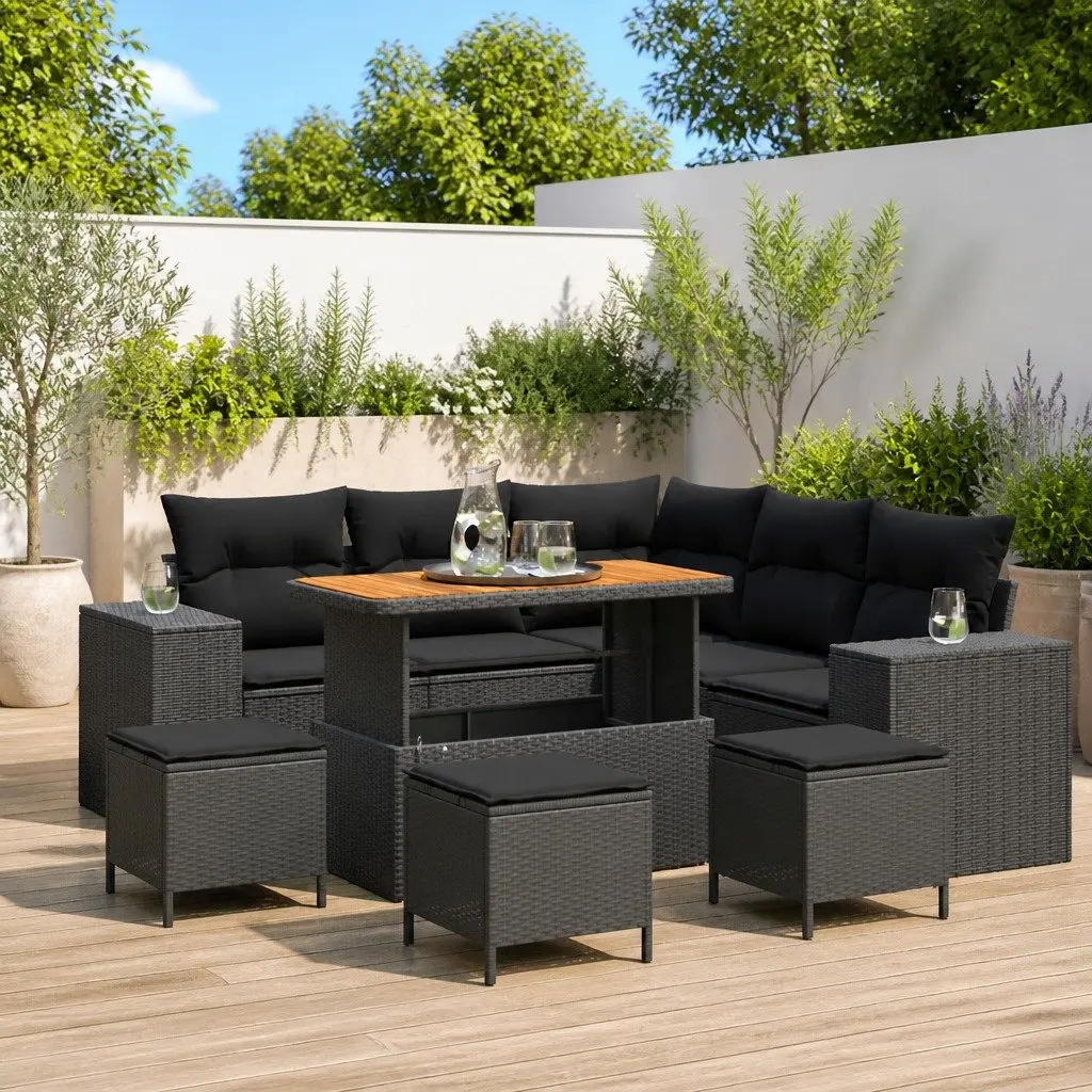 Garden Sofa Set Modular Outdoor Furniture 9 Piece Black Poly Rattan with Cushions