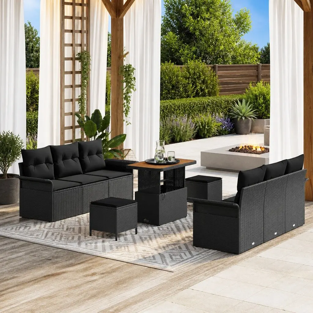 Outdoor Sofa Set 9 Pieces Modular Black Poly Rattan Furniture with Cushions